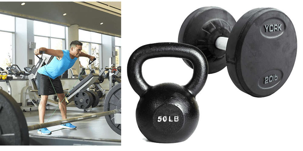 man using resistance bands, kettlebell, and dumbbell