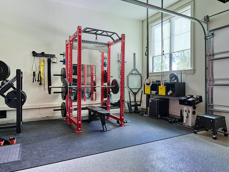 exercise equipment in a home garage